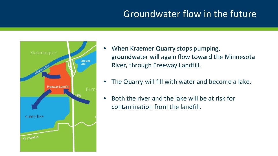 Groundwater flow in the future • When Kraemer Quarry stops pumping, groundwater will again Groundwater flow in the future • When Kraemer Quarry stops pumping, groundwater will again