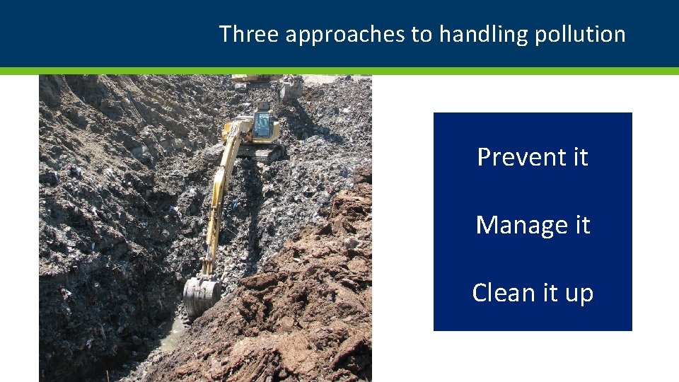 Three approaches to handling pollution Prevent it Manage it Clean it up Three approaches to handling pollution Prevent it Manage it Clean it up