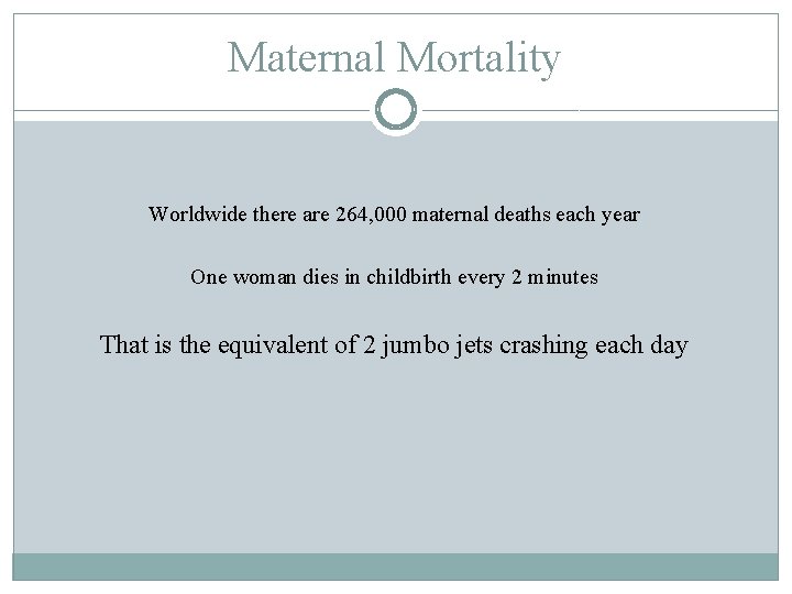 Maternal Mortality Worldwide there are 264, 000 maternal deaths each year One woman dies