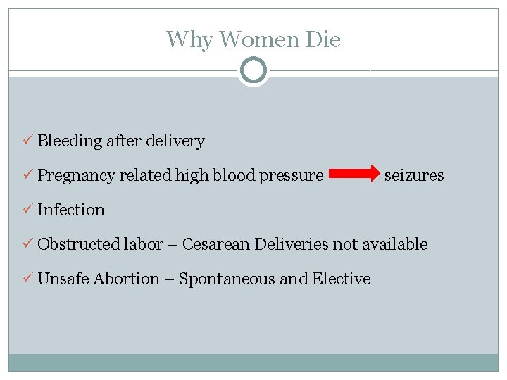 Why Women Die ü Bleeding after delivery ü Pregnancy related high blood pressure seizures