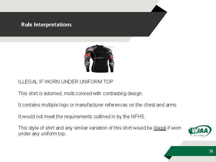 Rule Interpretations ILLEGAL IF WORN UNDER UNIFORM TOP This shirt is adorned, multi-colored with