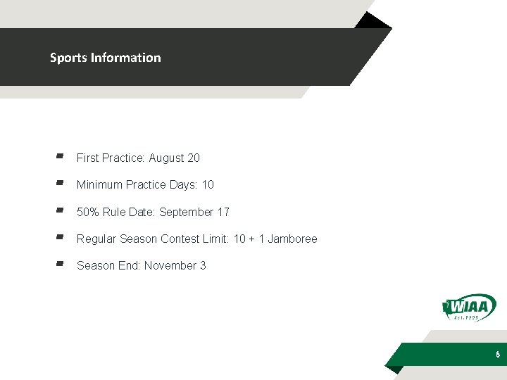 Sports Information ▰ First Practice: August 20 ▰ Minimum Practice Days: 10 ▰ 50%