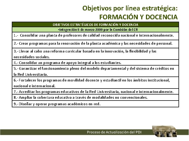 Objetivos por línea estratégica: FORMACIÓN Y DOCENCIA OBJETIVOS ESTRATÉGICOS DE FORMACIÓN Y DOCENCIA •