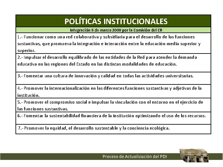 POLÍTICAS INSTITUCIONALES Integración 6 de marzo 2009 por la Comisión del CR 1. -