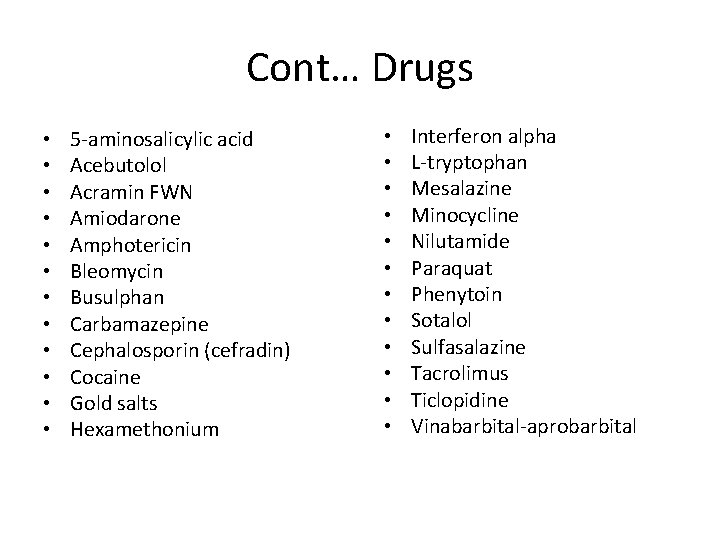 Cont… Drugs • • • 5 -aminosalicylic acid Acebutolol Acramin FWN Amiodarone Amphotericin Bleomycin