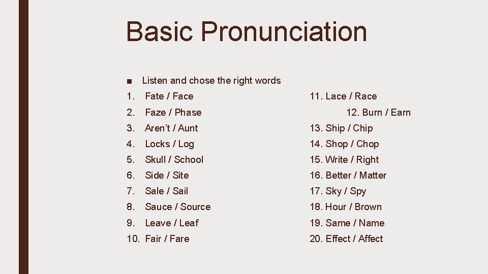 Basic Pronunciation ■ Listen and chose the right words 1. Fate / Face 2.