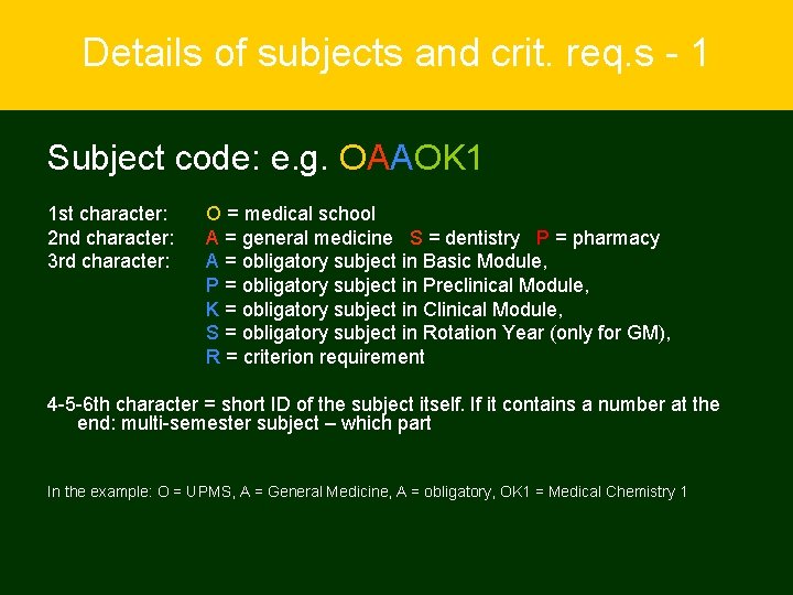 Details of subjects and crit. req. s - 1 Subject code: e. g. OAAOK