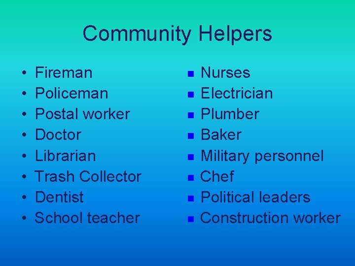 Community Helpers • • Fireman Policeman Postal worker Doctor Librarian Trash Collector Dentist School