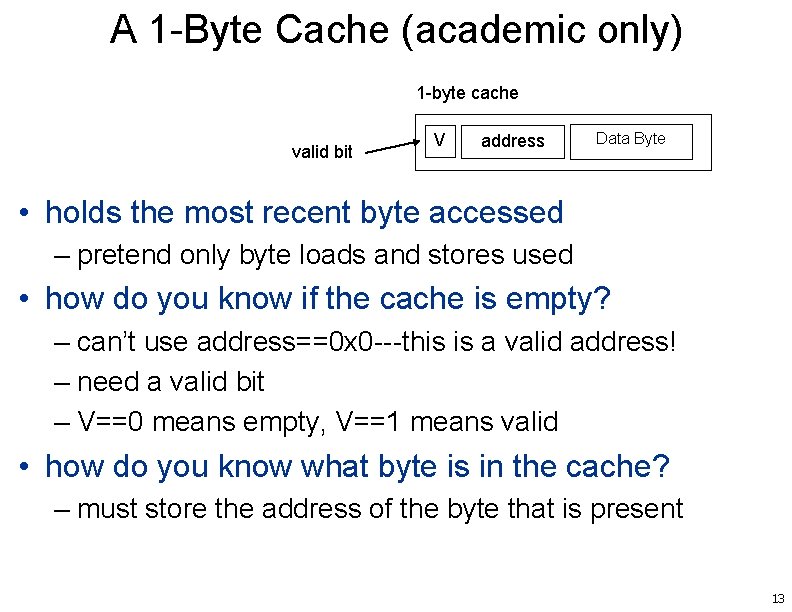 A 1 -Byte Cache (academic only) 1 -byte cache valid bit V address Data