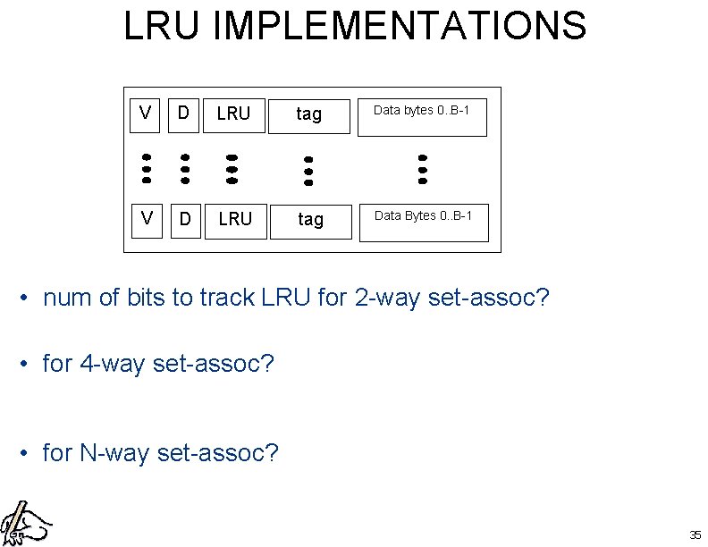 LRU IMPLEMENTATIONS V D LRU tag Data bytes 0. . B-1 V D LRU