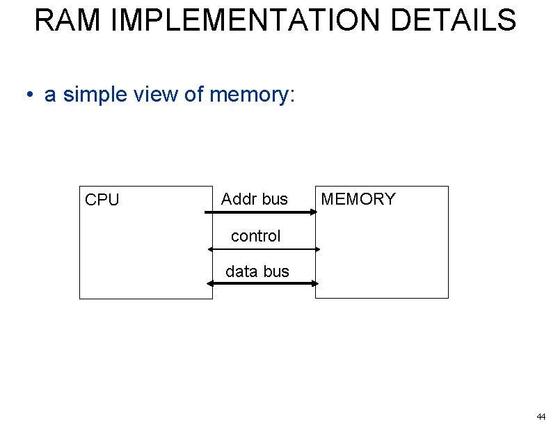 RAM IMPLEMENTATION DETAILS • a simple view of memory: CPU Addr bus MEMORY control