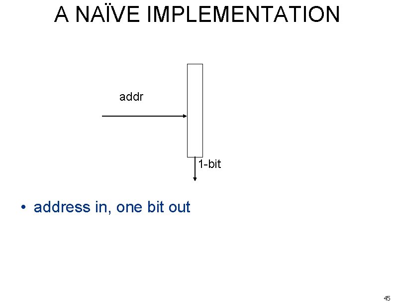 A NAÏVE IMPLEMENTATION addr 1 -bit • address in, one bit out 45 