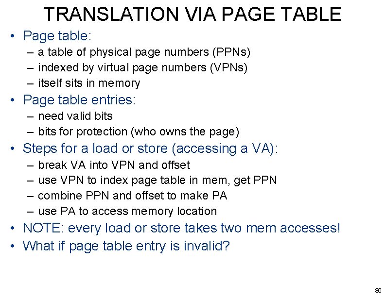 TRANSLATION VIA PAGE TABLE • Page table: – a table of physical page numbers