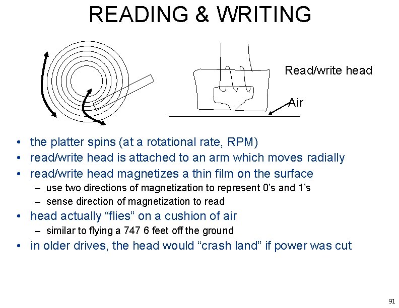 READING & WRITING Read/write head Air • the platter spins (at a rotational rate,