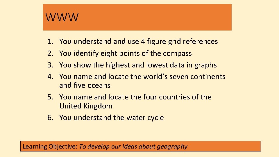 WWW 1. 2. 3. 4. You understand use 4 figure grid references You identify