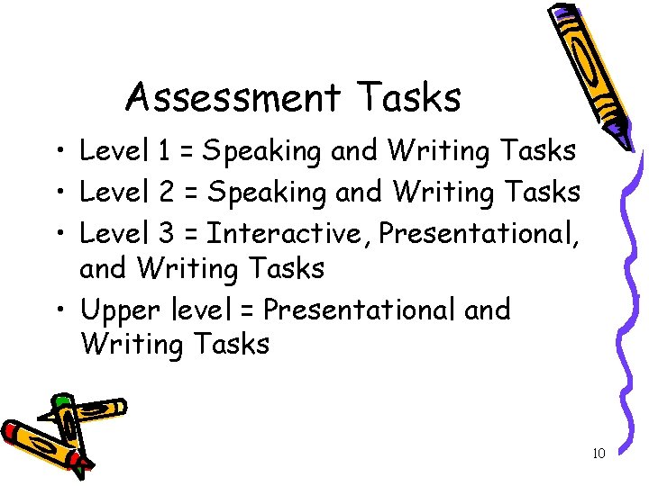 Assessment Tasks • Level 1 = Speaking and Writing Tasks • Level 2 =