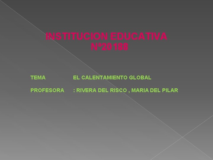 INSTITUCION EDUCATIVA Nª 20188 TEMA EL CALENTAMIENTO GLOBAL PROFESORA : RIVERA DEL RISCO ,