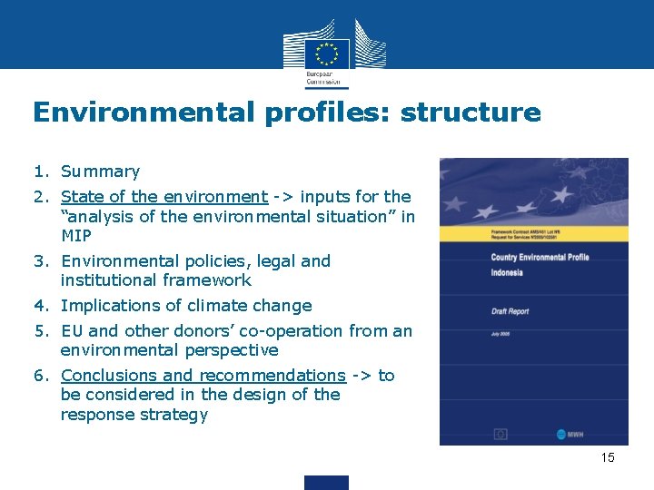 Environmental profiles: structure 1. Summary 2. State of the environment -> inputs for the
