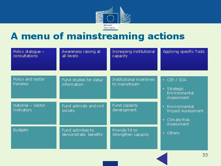 A menu of mainstreaming actions Policy dialogue – consultations Awareness raising at all levels