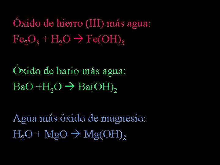 Óxido de hierro (III) más agua: Fe 2 O 3 + H 2 O