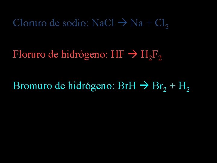 Cloruro de sodio: Na. Cl Na + Cl 2 Floruro de hidrógeno: HF H