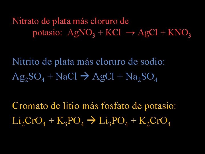 Nitrato de plata más cloruro de potasio: Ag. NO 3 + KCl → Ag.