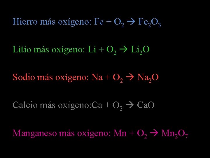 Hierro más oxígeno: Fe + O 2 Fe 2 O 3 Litio más oxígeno: