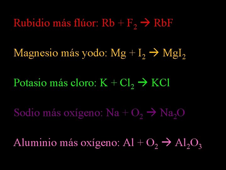 Rubidio más flúor: Rb + F 2 Rb. F Magnesio más yodo: Mg +