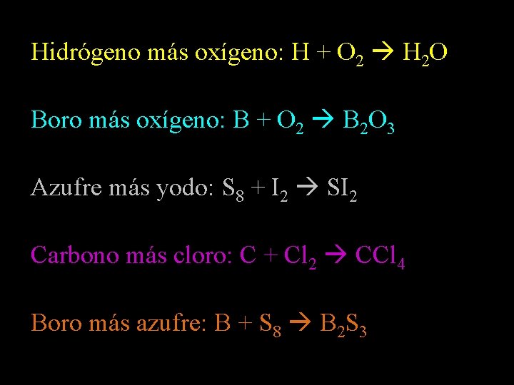 Hidrógeno más oxígeno: H + O 2 H 2 O Boro más oxígeno: B