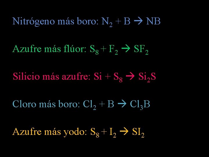 Nitrógeno más boro: N 2 + B NB Azufre más flúor: S 8 +