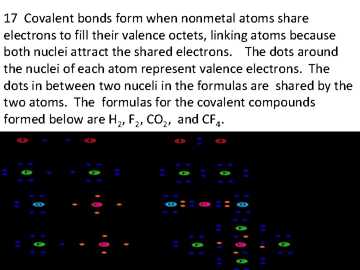 17 Covalent bonds form when nonmetal atoms share electrons to fill their valence octets,