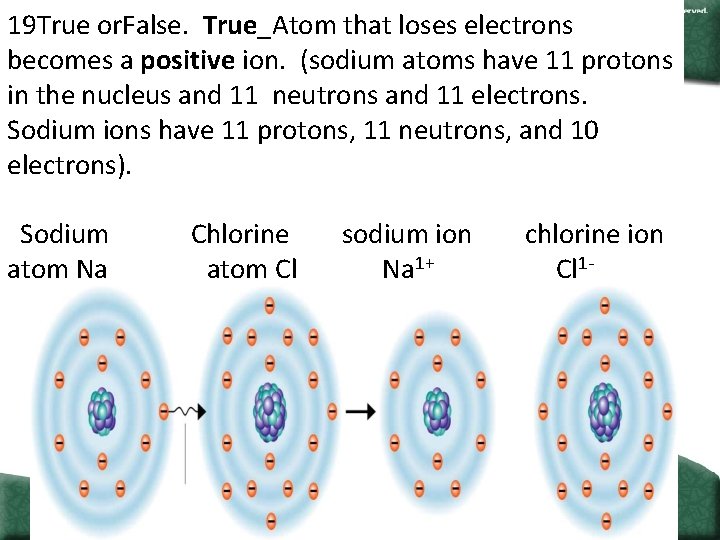 19 True or. False. True_Atom that loses electrons becomes a positive ion. (sodium atoms