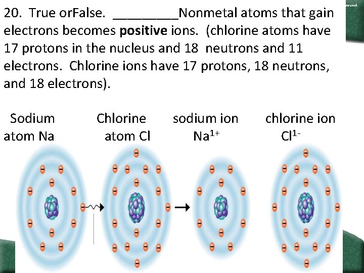 20. True or. False. _____Nonmetal atoms that gain electrons becomes positive ions. (chlorine atoms