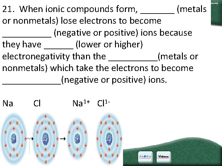 21. When ionic compounds form, _______ (metals or nonmetals) lose electrons to become _____