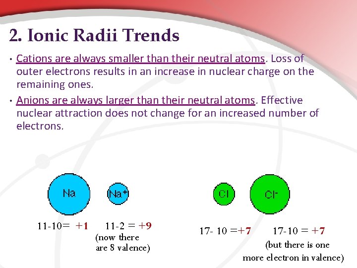 2. Ionic Radii Trends Cations are always smaller than their neutral atoms. Loss of 2. Ionic Radii Trends Cations are always smaller than their neutral atoms. Loss of
