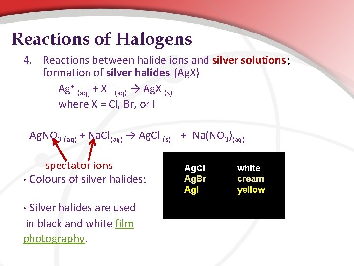Reactions of Halogens 4. Reactions between halide ions and silver solutions ; formation of Reactions of Halogens 4. Reactions between halide ions and silver solutions ; formation of