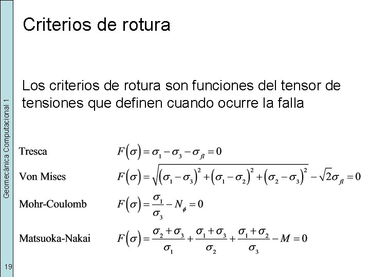 Geomecánica Computacional 1 Criterios de rotura 19 Los criterios de rotura son funciones del