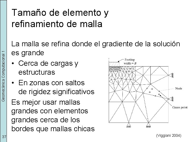 Geomecánica Computacional 1 Tamaño de elemento y refinamiento de malla 37 La malla se