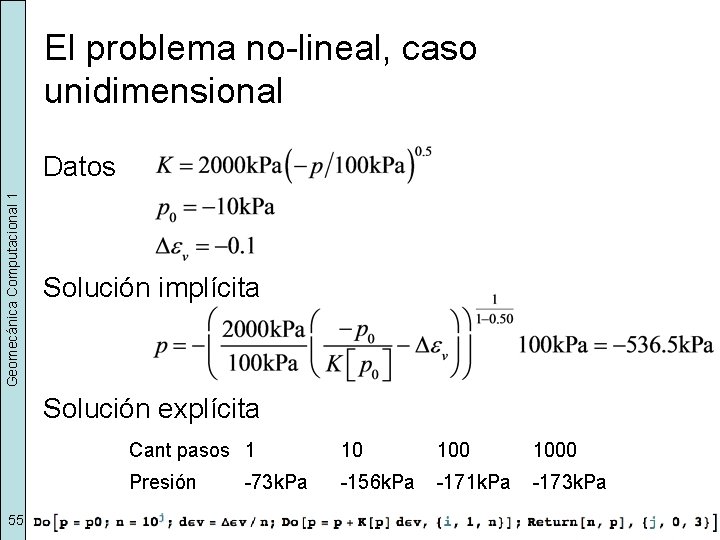 El problema no-lineal, caso unidimensional Geomecánica Computacional 1 Datos Solución implícita Solución explícita 55