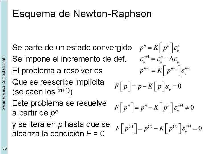 Geomecánica Computacional 1 Esquema de Newton-Raphson 56 Se parte de un estado convergido Se