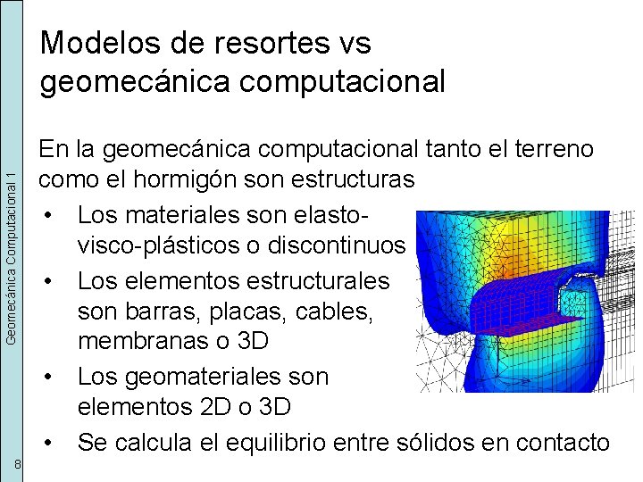 Geomecánica Computacional 1 Modelos de resortes vs geomecánica computacional 8 En la geomecánica computacional