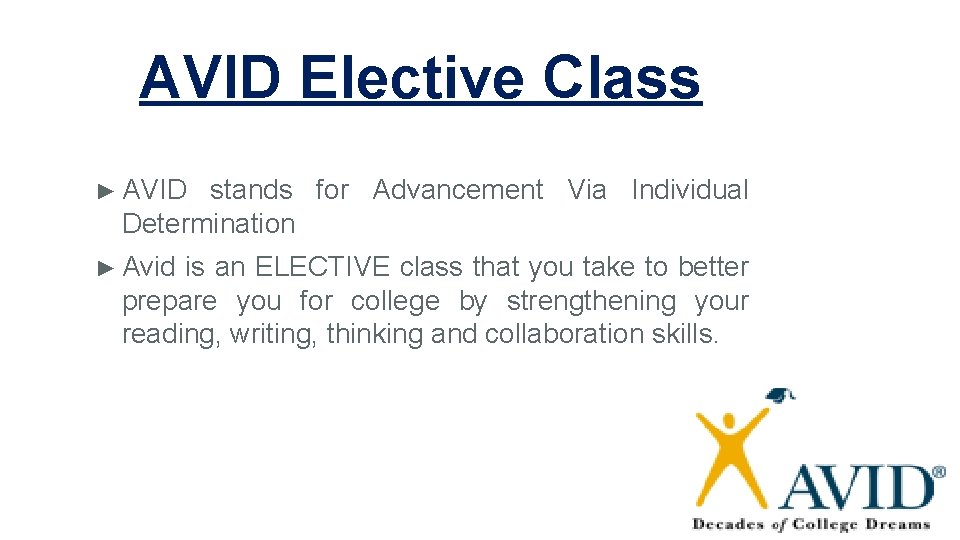 AVID Elective Class D stands for: ► AVID stands for Advancement Via Individual Determination