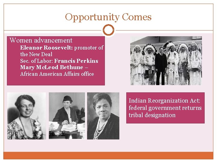 Opportunity Comes Women advancement Eleanor Roosevelt: promoter of the New Deal Sec. of Labor:
