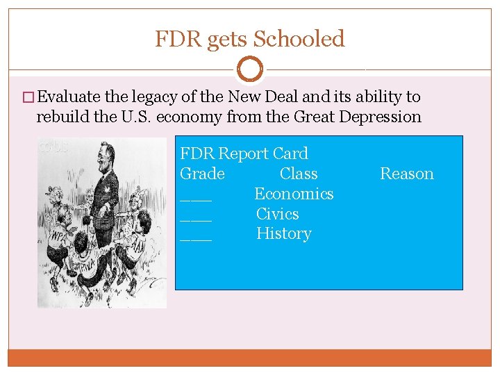 FDR gets Schooled � Evaluate the legacy of the New Deal and its ability