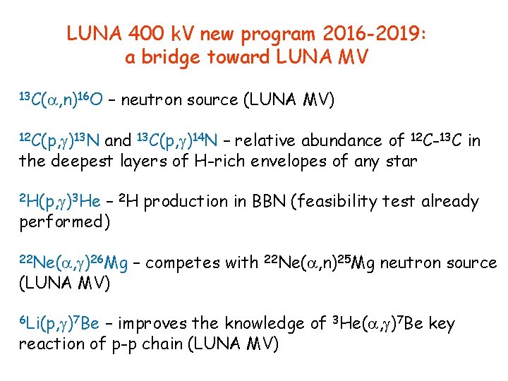 LUNA 400 k. V new program 2016 -2019: a bridge toward LUNA MV 13