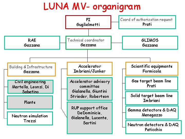 LUNA MV- organigram PI Guglielmetti RAE Gazzana Technical coordinator Gazzana Coord of authorization request