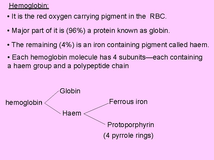 Hemoglobin: • It is the red oxygen carrying pigment in the RBC. • Major