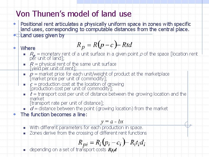 Von Thunen’s model of land use w Positional rent articulates a physically uniform space