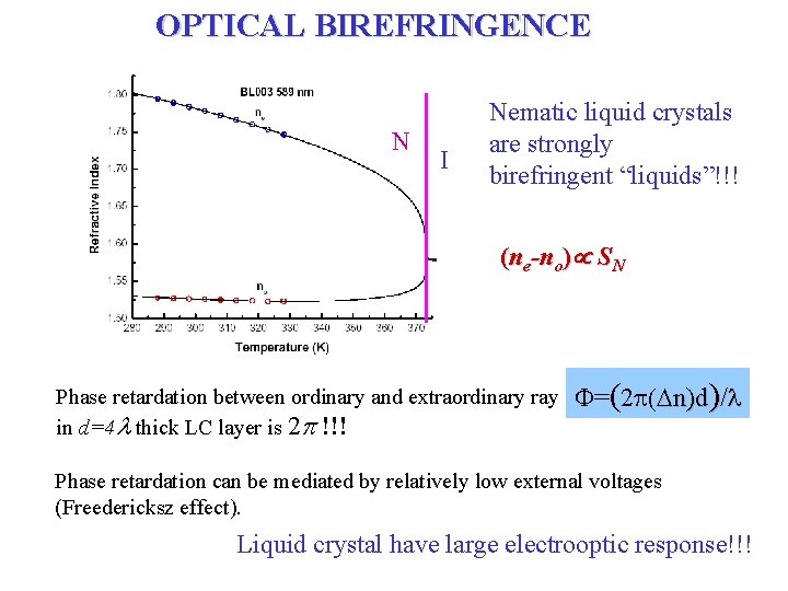 OPTICAL BIREFRINGENCE N I Nematic liquid crystals are strongly birefringent “liquids”!!! (ne-no) SN Phase