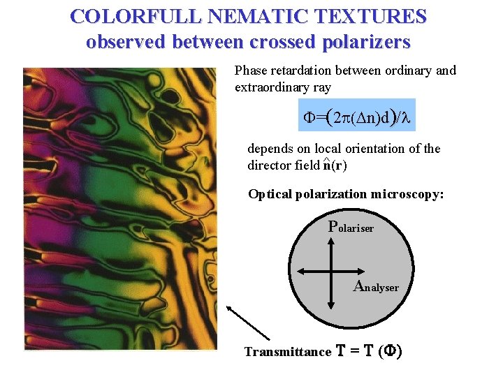 COLORFULL NEMATIC TEXTURES observed between crossed polarizers Phase retardation between ordinary and extraordinary ray